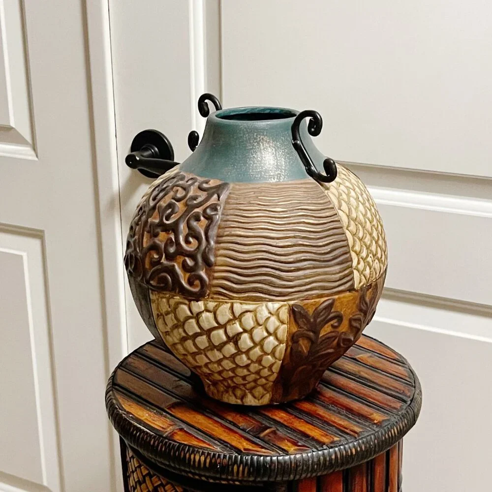 Pier 1 Vase Tan Turquoise Blue Multi Color Texture Pattern Ceramic Metal Unique!